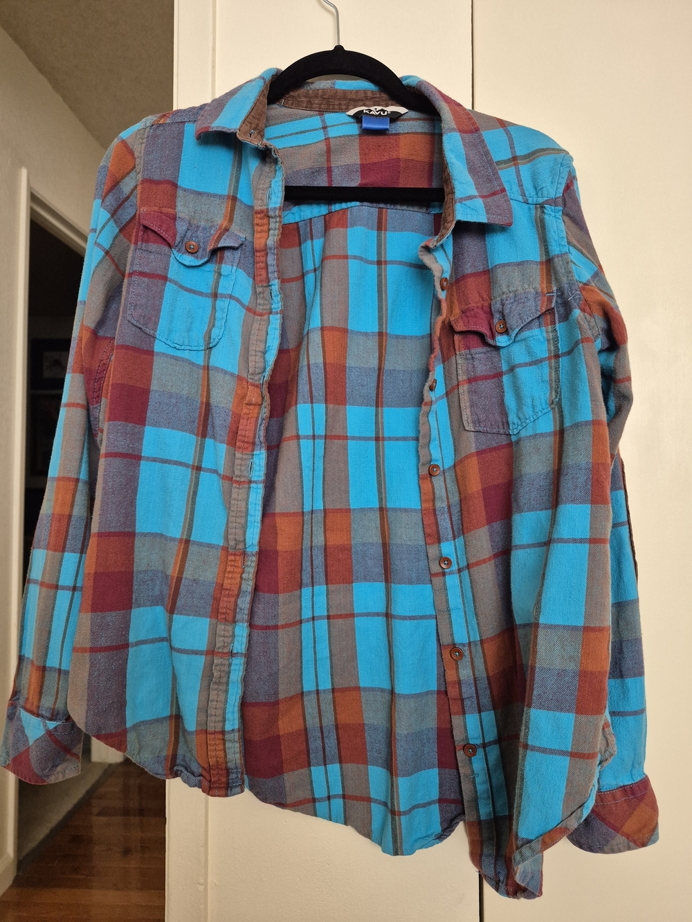 Kavu Plaid Button-Down/Flannel Shirt in Teal, Rust & Gray